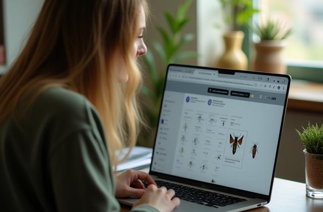 Nő laptop előtt, online kurzuson vesz részt rovartan témában