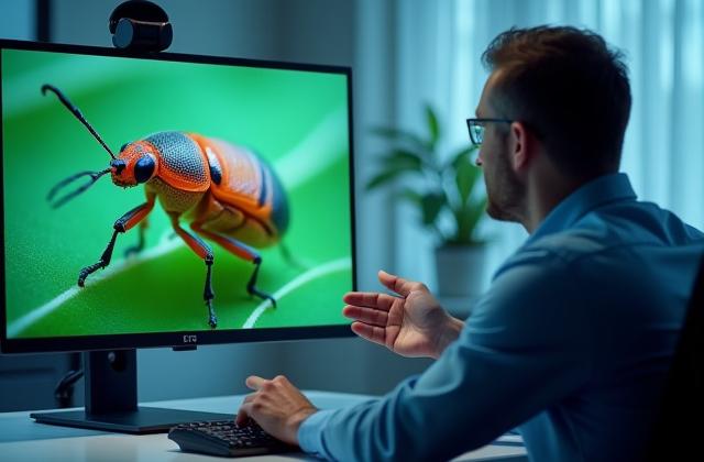 Férfi videóhívásban, rovart bemutató digitális képernyővel